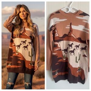 Cotton Western Horse Print Knit Sweater Desert Landscape Cacti Small